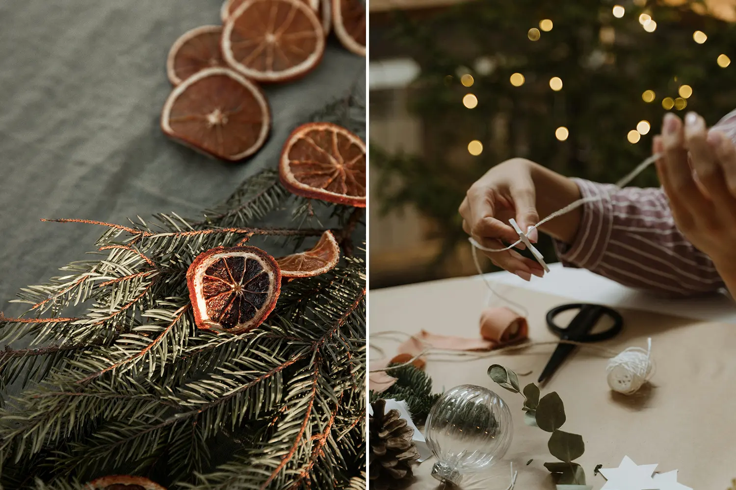 Dried orange and greenery garland making process