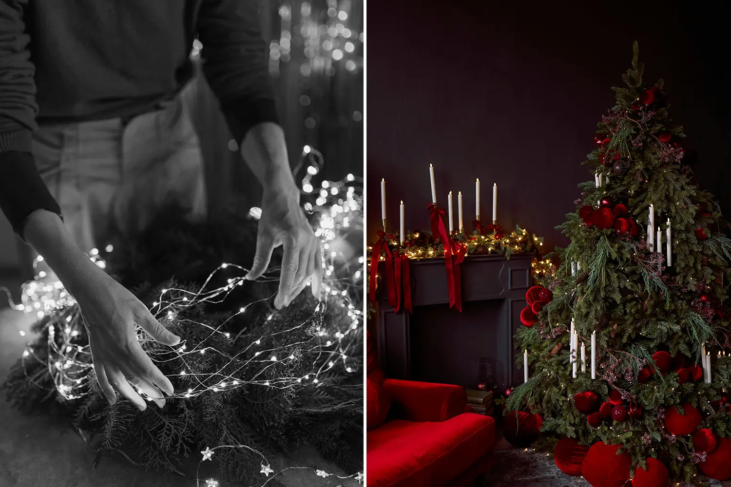 Led lights on a christmas tree and wreath