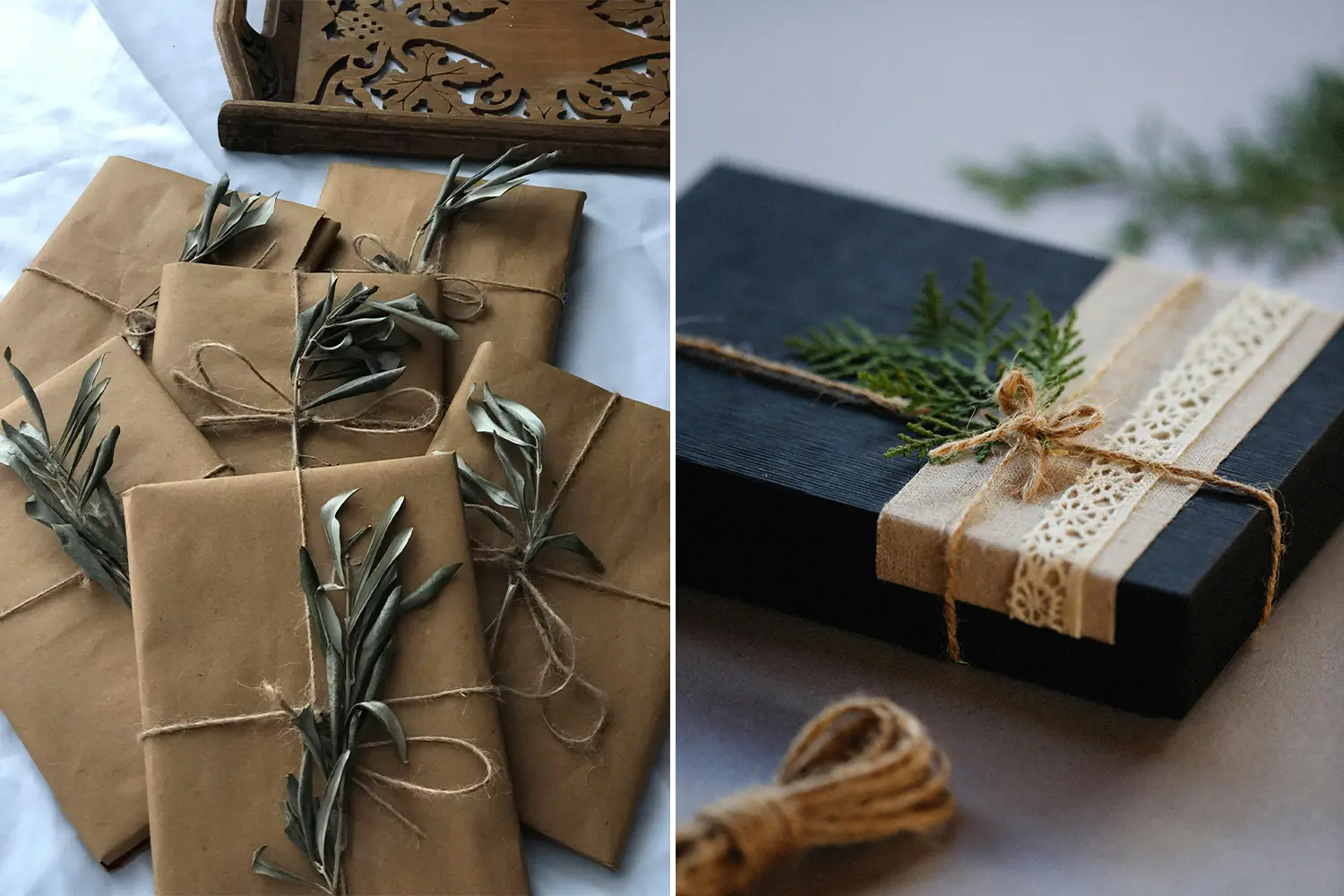 Gifts wrapped in craft paper, tied with twine string with attached leaves and cinnamon sticks