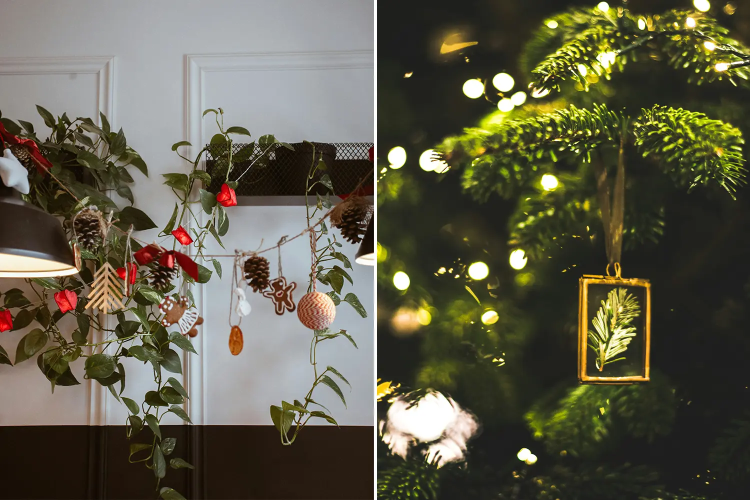 Christmas garland from ivy plant and a tree ornament with a framed plant piece