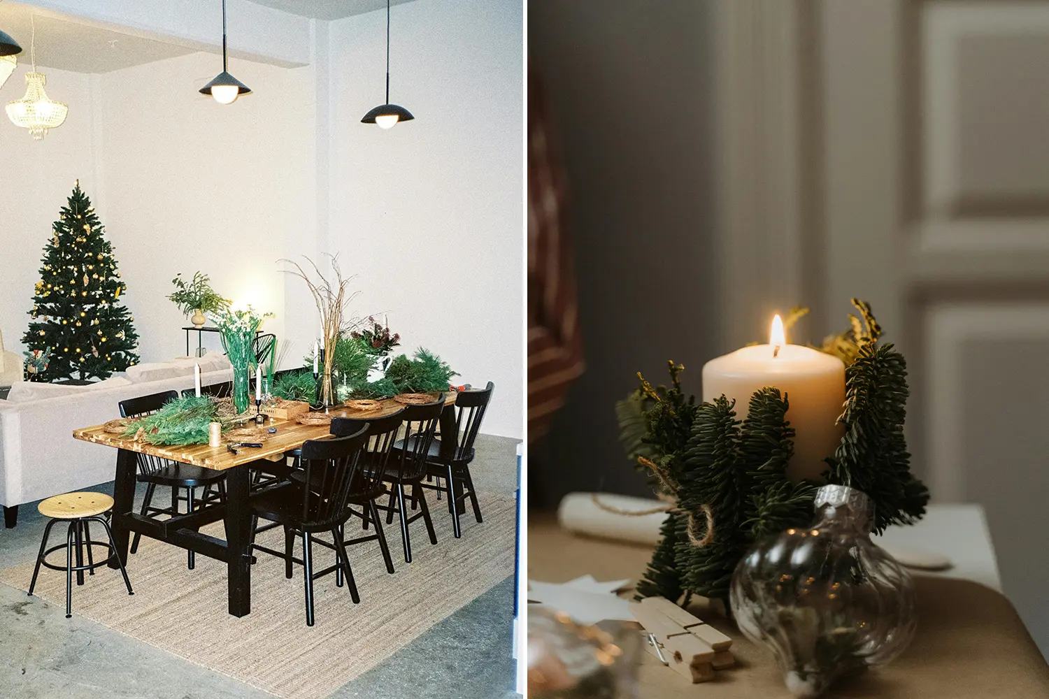 Greenery center pieces and christmas tree branches wrapped around a candle