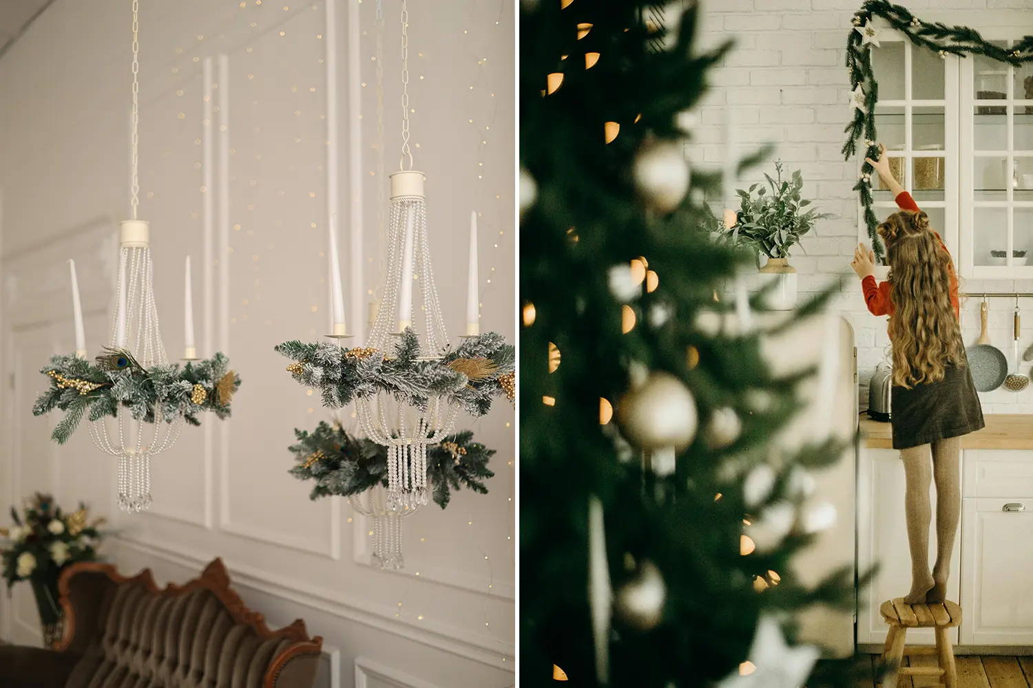 Christmas tree branches in hanging light fixtures an from the top of cabinets