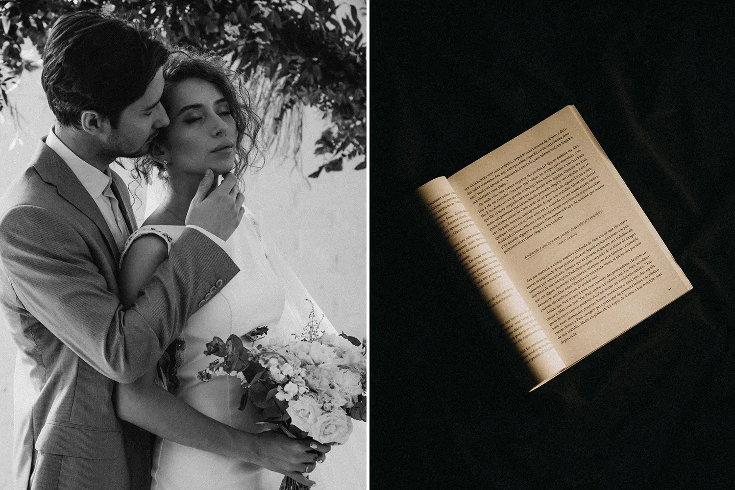 Left side: A romantic black-and-white photograph of a groom tenderly embracing his bride, who holds a bouquet of white flowers, with a serene and intimate expression. Right side: An open book with its pages softly illuminated, placed on a dark fabric backdrop, creating a warm and contemplative mood.