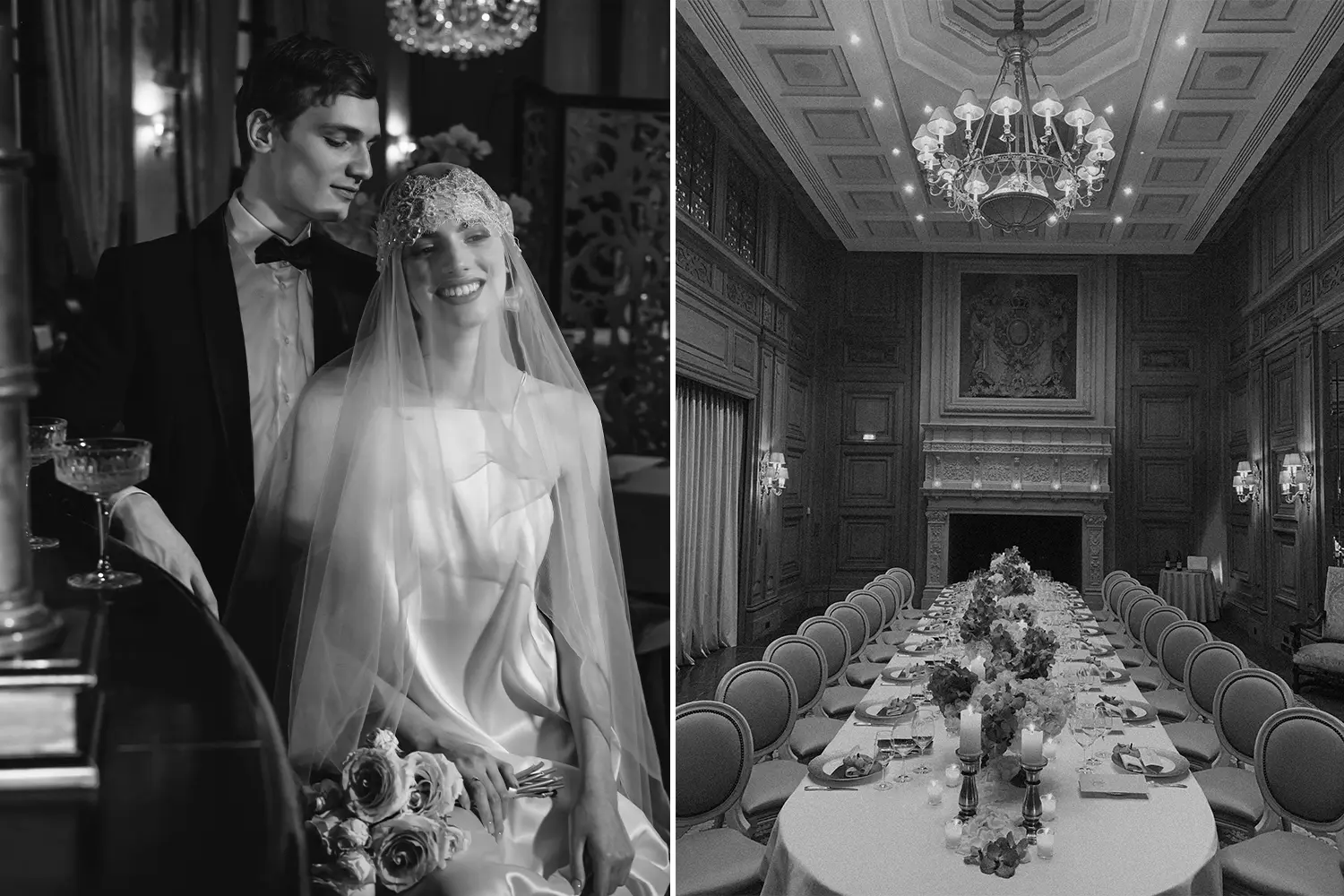 Left side: A romantic black-and-white photograph capturing a joyful moment as a groom and bride laugh together, radiating happiness. Right side: An elegantly decorated wedding reception table set against the timeless backdrop of an old castle, evoking a sense of historic charm and romance.