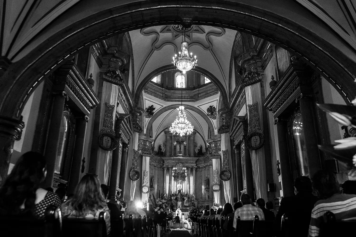 Landscape view of a wedding ceremony in a large church