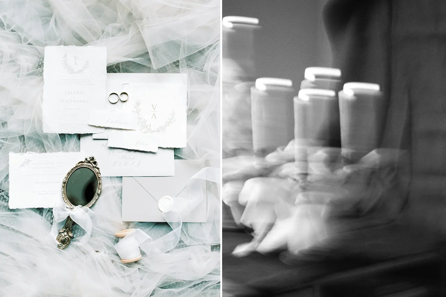 Left side: A flat lay of elegant wedding invitations with deckled edges, styled alongside a vintage handheld mirror, ribbon spools, and delicate tulle fabric, creating a soft and romantic atmosphere. Right side: An artistic black-and-white photograph of lit candles, with motion blur adding a dreamy, ethereal effect.