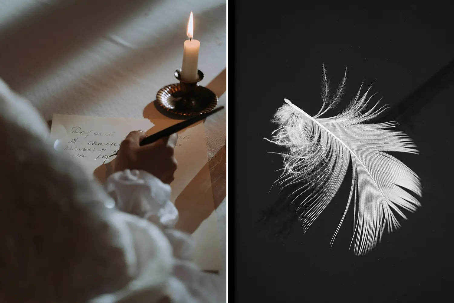 Left side: A photo capturing an over-the-shoulder view of a woman writing in cursive on vintage paper by candlelight, using a feather quill pen, evoking a timeless and intimate atmosphere. Right side: A close-up of a small down feather softly floating in a dark, black space, highlighting its delicate texture and weightlessness.