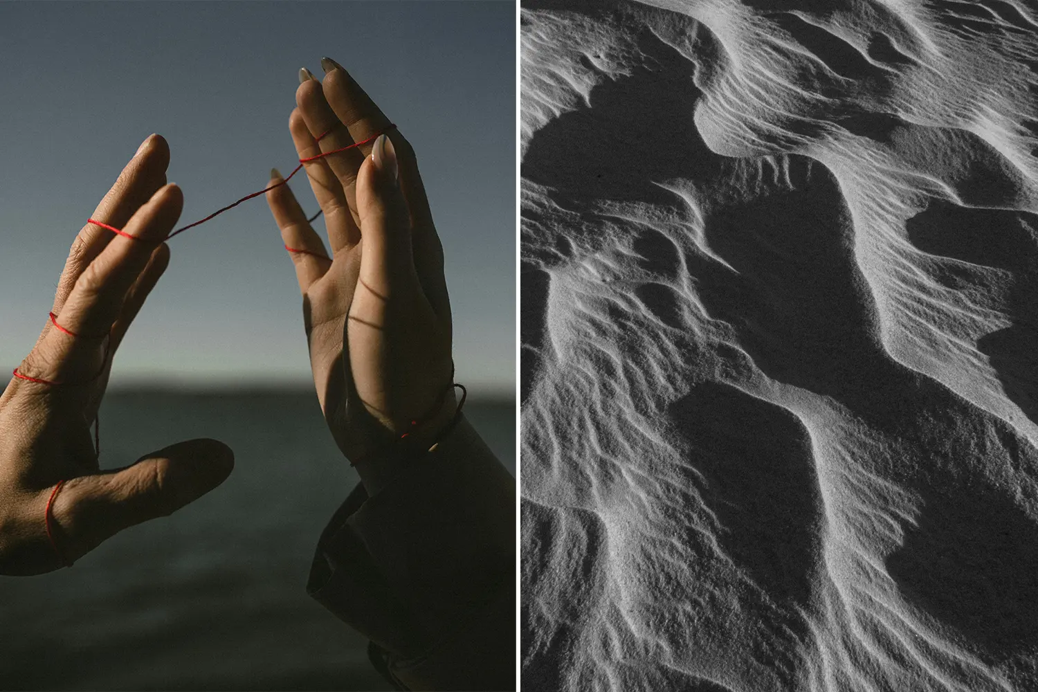 Horizontal layout image: On the left, a close-up of two people's hands tied together with a red string, symbolizing the red string of fate and love manifestation. On the right, a serene black-and-white white-sand texture, representing purity and the grounding nature of love.