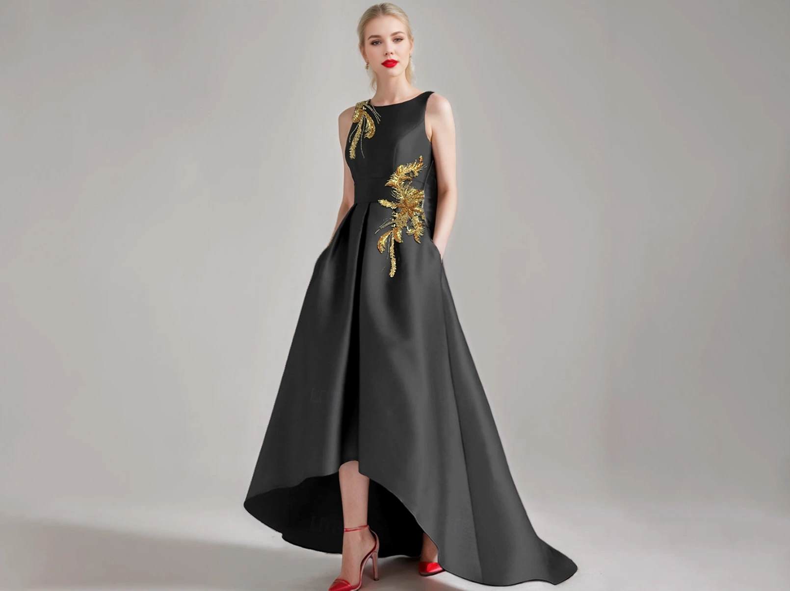 blue dress for baby girl Fashionable Front Slit Black Long Detachable Skirt Gold Embellished Pa –  Sultan Dress main image 0